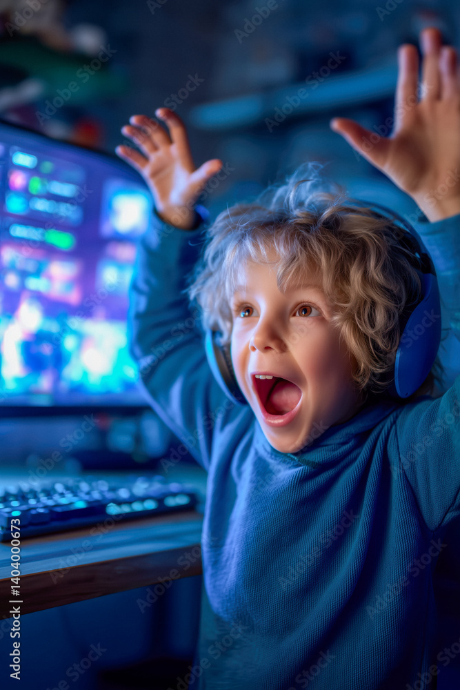 A happy child is playing computer games.