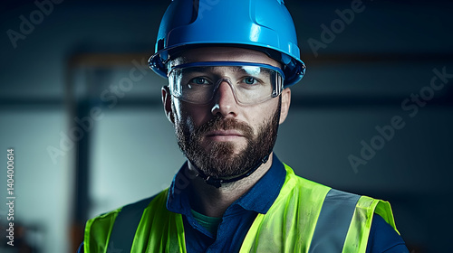 Portrait of a Serious Man in Protective Gear Wearing a Blue Hardhat