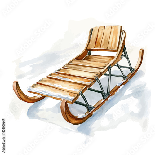 Classic Wooden Sled With Iron Runners, watercolor vector, isolated on a white background.