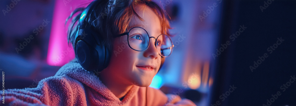 A young boy wearing glasses and headphones is playing video games on his computer in a dark room.