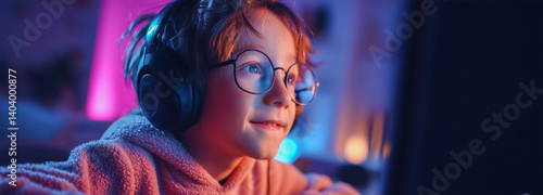 Obraz na płótnie A young boy wearing glasses and headphones is playing video games on his computer in a dark room. w salonie