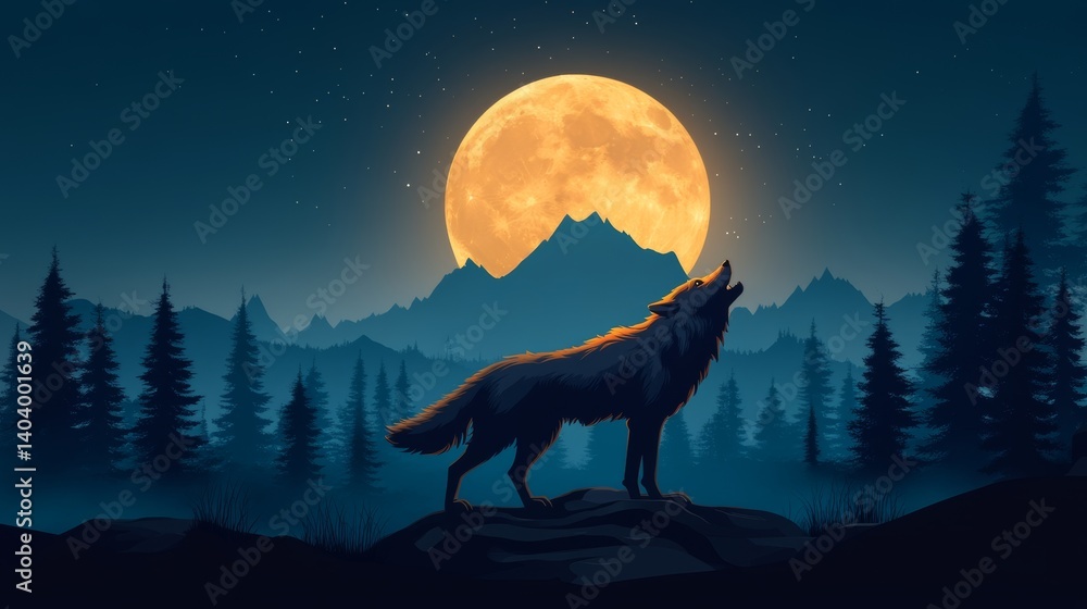 Wolf and Moonlit Forest Border for World Wildlife Day: Nocturnal Wildlife Theme with Space for Text Wolf and Moonlit Forest Border for World Wildlife Day: Nocturnal Wildlife Theme with Space for Text