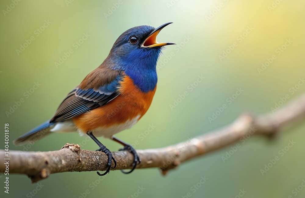 Bluethroat bird sings on tree branch. Male Luscinia svecica, showcases vibrant blue, orange, brown feathers. Ornithology, wildlife, nature photo. Springtime colors, scenic environment. Bluethroat bird sings on tree branch. Male Luscinia svecica, showcases vibrant blue, orange, brown feathers. Ornithology, wildlife, nature photo. Springtime colors, scenic environment.