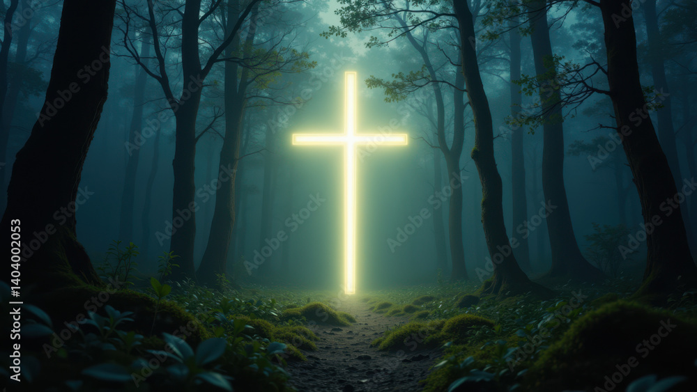Obraz premium A tranquil night-time forest scene with a glowing cross as a source of light at the end of a path.