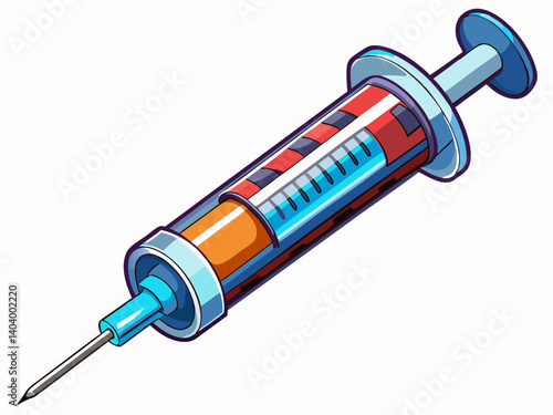 A high-quality vector illustration of a disposable medical syringe filled with liquid, isolated on a white background, detailed and realistic