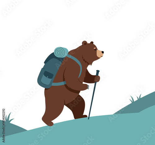 A bear hiking up a gentle slope with a backpack in a flat vector illustration