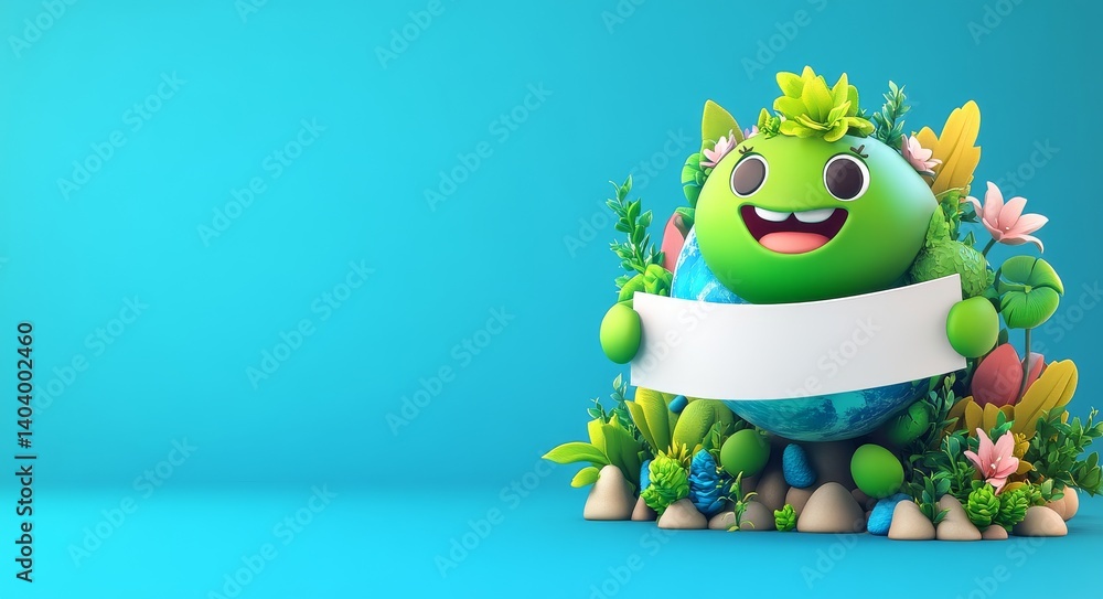 A cartoon illustration of Earth with trees and flowers, holding a white banner on a blue background. A happy Earth character is surrounded by nature elements, with a blank sign available for text A cartoon illustration of Earth with trees and flowers, holding a white banner on a blue background. A happy Earth character is surrounded by nature elements, with a blank sign available for text