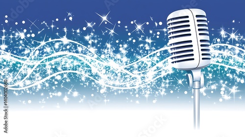 Vintage microphone on starry blue background. Possible use stock photo for music, vintage, or entertainment