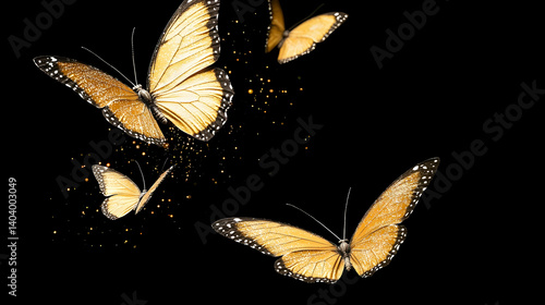 Golden Butterflies In Flight Against Black Background Showing Detailed Wing Patterns And Radiant Lighting