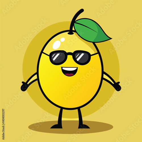 Cute cartoon lemon character wearing sunglasses, smiling and standing confidently on a yellow background, vector illustration.