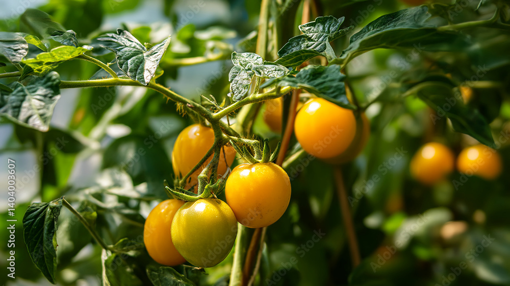 Close-up of yellow cherry tomatoes on vine, green leaves, sunlight illuminating fruit, showcasing freshness and natural growth, ideal for healthy food or agriculture concepts Close-up of yellow cherry tomatoes on vine, green leaves, sunlight illuminating fruit, showcasing freshness and natural growth, ideal for healthy food or agriculture concepts
