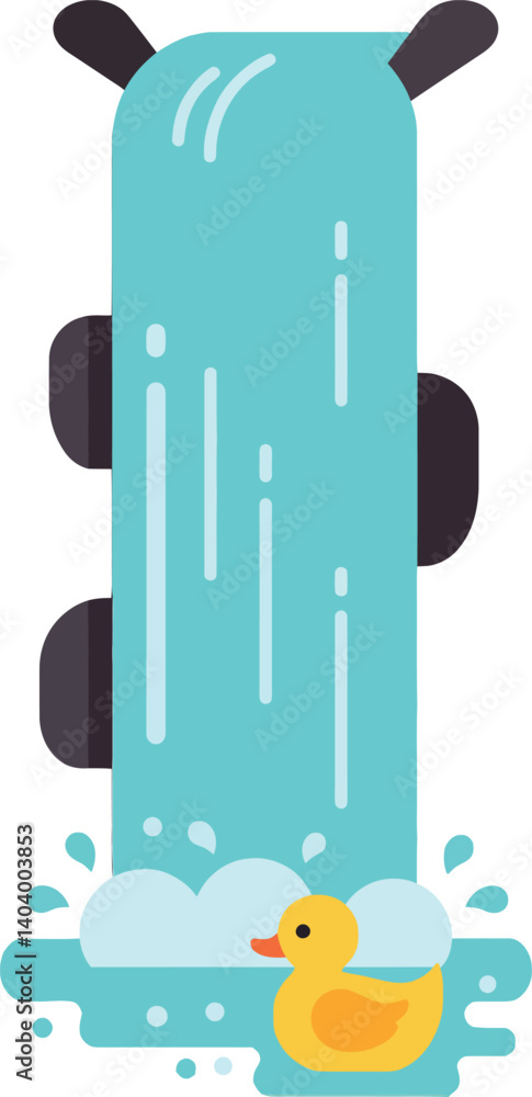Fototapeta premium Colorful waterfall with playful rubber duck in a flat minimalist vector illustration