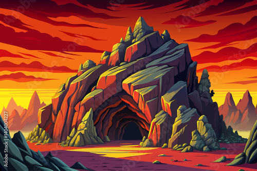 Dark hole in rock wall, entrance to the cave in Spro, old mineral mine at sunset time, cartoon landscape