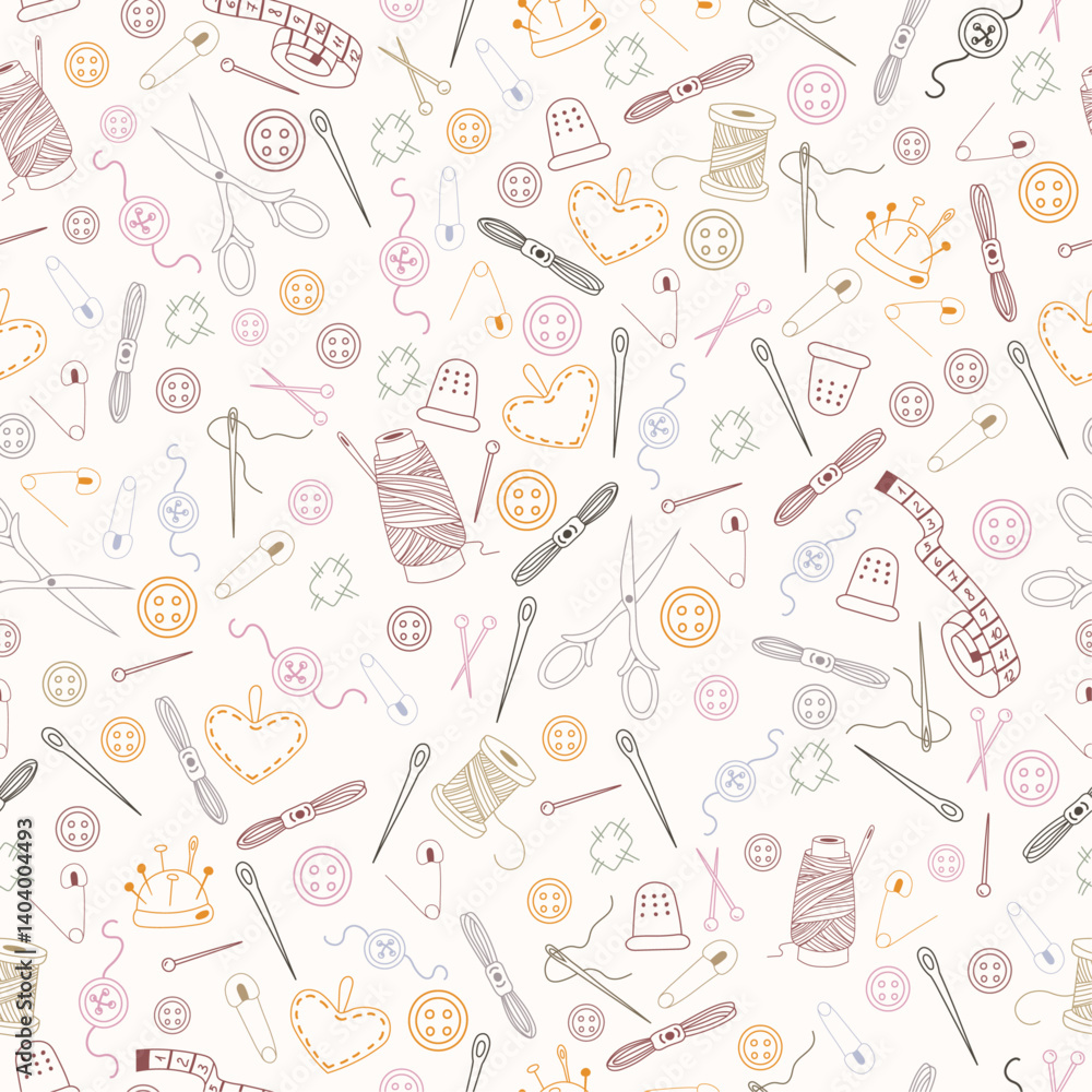 Seamless vector pattern with doodle elements. Knitting and sewing tools and accessories. Hobby and leisure background Seamless vector pattern with doodle elements. Knitting and sewing tools and accessories. Hobby and leisure background