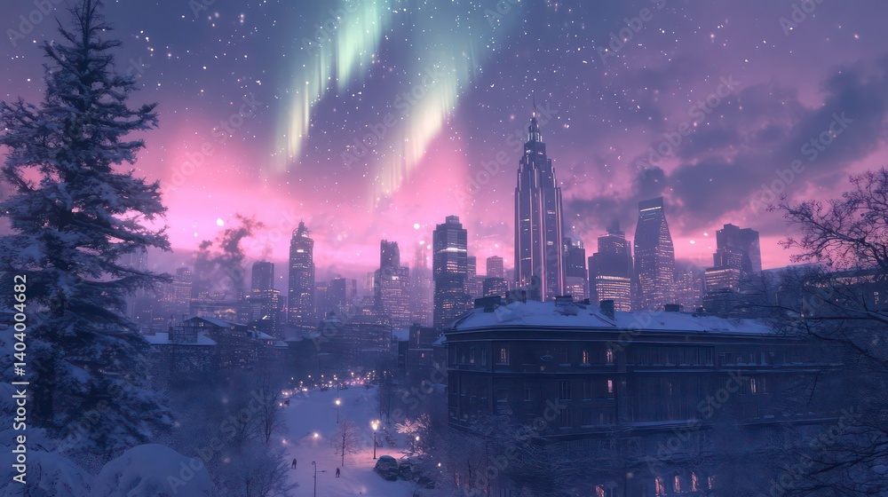 Obraz premium Snowy city skyline at night with aurora borealis.