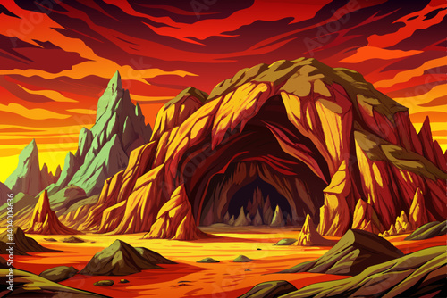 Dark hole in rock wall, entrance to the cave in Spro, old mineral mine at sunset time, cartoon landscape