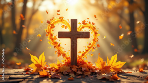 Christian autumn cross with heart symbol.