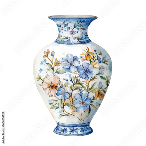 illustration of Classic Porcelain Vase With Floral Patterns, watercolor vector, isolated on a white background.