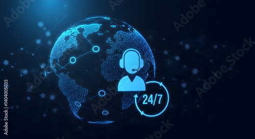 Technical support and customer service concept. Digital icon representing technical support, customer service, and 24 by 7 assistance. Business technology solutions for global support, service manage