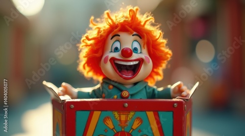 A colorful jack-in-the-box toy with a cheerful clown popping out