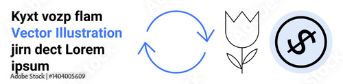 Circular arrow, tulip flower, and dollar sign in circle suggest themes thumbs up sustainability, nature, and finance. Ideal for ecology, recycling, environmental consciousness, finance investment