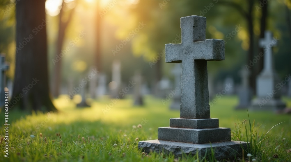 A solemn cross grave marker standing amidst a serene cemetery, symbolizing remembrance and faith A solemn cross grave marker standing amidst a serene cemetery, symbolizing remembrance and faith