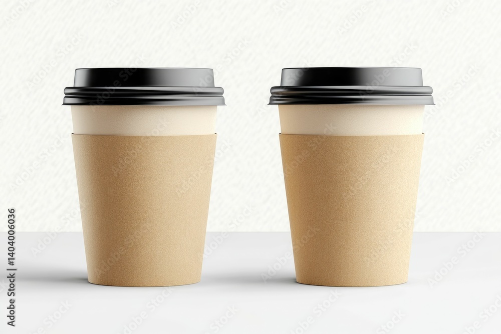 Two Coffee Cups with Sleeves and Black Lids on White Surface Two Coffee Cups with Sleeves and Black Lids on White Surface