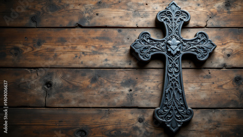 An intricately designed wooden cross on a weathered wooden wall.
