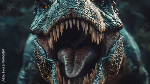 Tyrannosaurus rex unleashed: a formidable tyrannosaurus rex roars with primeval power, its massive frame and razor-sharp teeth a testament to its dominance. Primeval Testament. Illustration