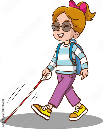 Cute little cheerful blind boy walking wearing sunglasses