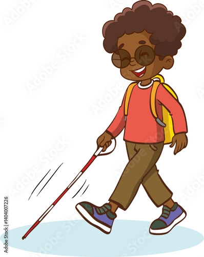 Cute little cheerful blind boy walking wearing sunglasses
