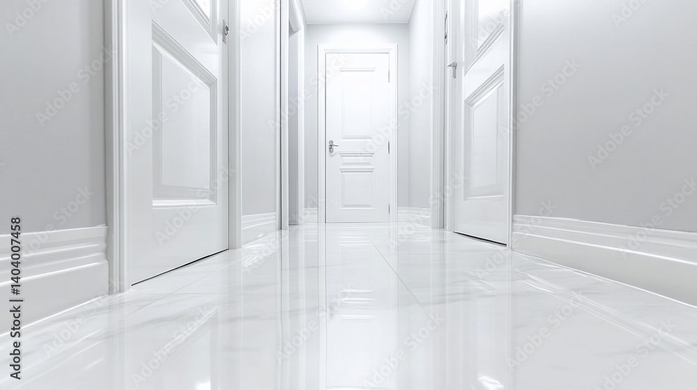 Bright, modern hallway with white doors and marble floors Bright, modern hallway with white doors and marble floors