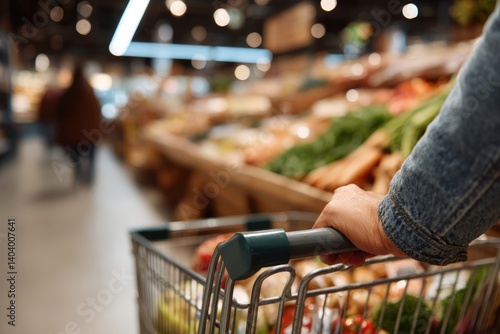 Customer pushing shopping cart in grocery store with fresh produce
