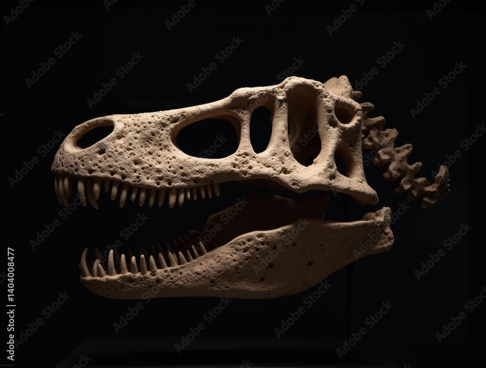 Fototapeta premium Close-up photo of dinosaur skull fossil with dramatic lighting against a dark background