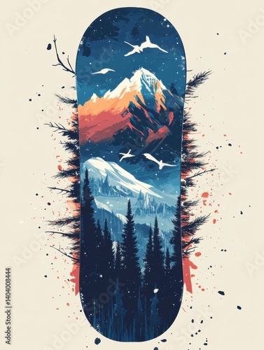 Wallpaper Mural Creative snowboard design featuring layered forest and glacier peaks with winter nature motion for outdoor enthusiasts Torontodigital.ca