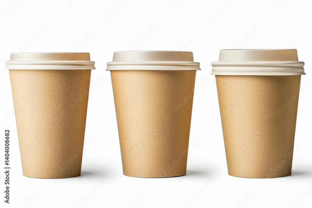 Three Brown Paper Coffee Cups with Lids on White Background Three Brown Paper Coffee Cups with Lids on White Background