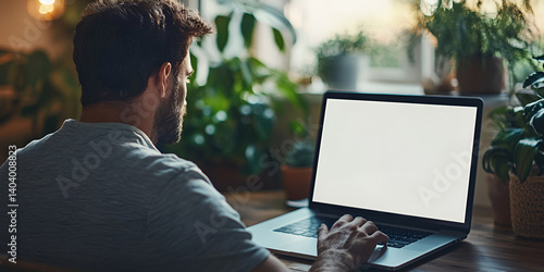 Over shoulder shot of a young man using computer laptop in front of an blank white computer screen in home