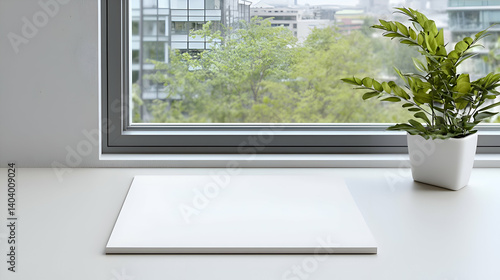 White Book Mockup on Desk with Potted Plant and City View