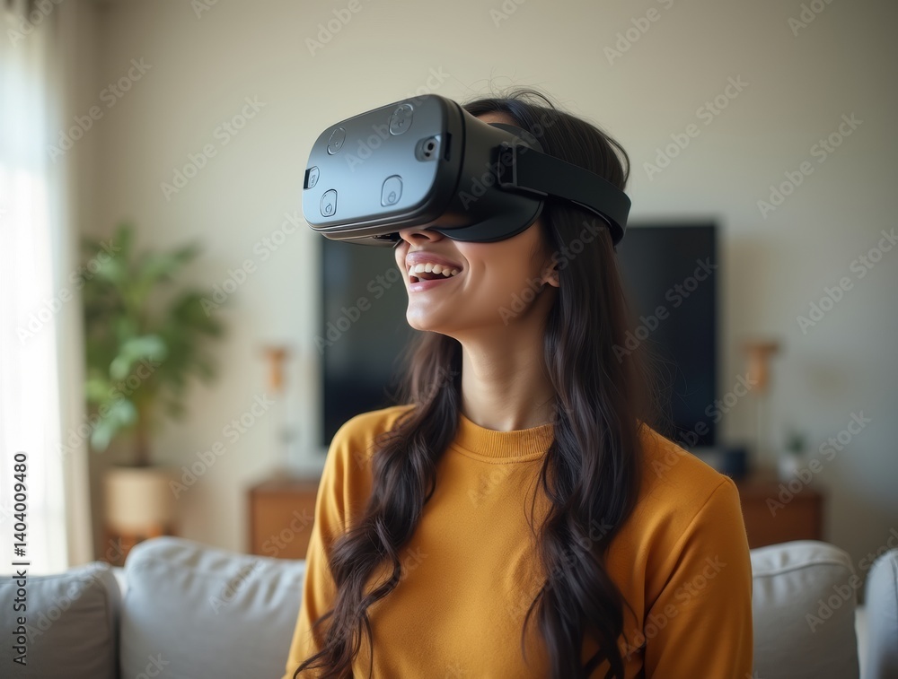 young woman using VR headset in a bright modern living room, amazed and focused on virtual experience young woman using VR headset in a bright modern living room, amazed and focused on virtual experience