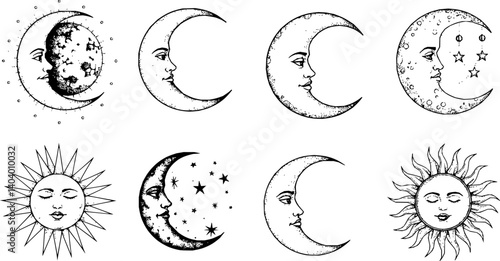 Vector illustration Large set of different moon and sun styles. Hand drawn sketch of crescent and fool moon with human like face or planet in black and white, isolated. Detailed antique vintage style 