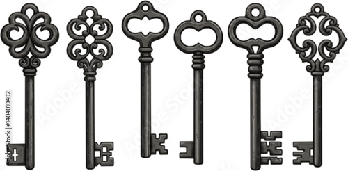 Vector illustration Big set of retro keys, vintage style. Key collection illustration for antiques decoration. Ornamental medieval collection. Hand drawn old realistic design