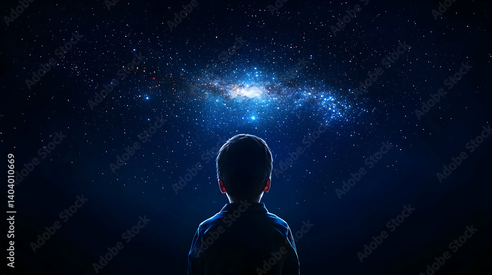 Silhouette of a Young Boy Gazing at a Majestic Galaxy in a Dark Blue Night Sky Silhouette of a Young Boy Gazing at a Majestic Galaxy in a Dark Blue Night Sky