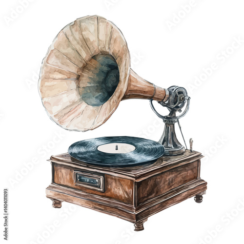 watercolor of Classic Gramophone With A Vinyl Record, vector, isolated on a white background.