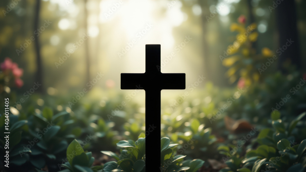 Cross standing tall in a forest clearing with soft sunlight filtering through trees. Cross standing tall in a forest clearing with soft sunlight filtering through trees.