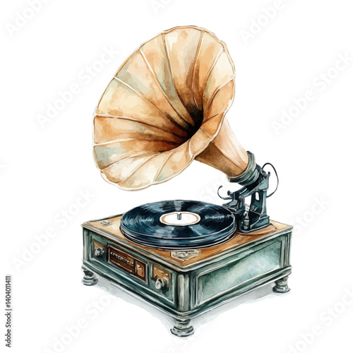 Classic Gramophone With A Vinyl Record, watercolor vector, isolated on a white background.
