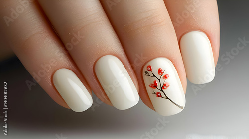 Closeup of Elegant White Oval Nails with Delicate Red Floral Nail Art