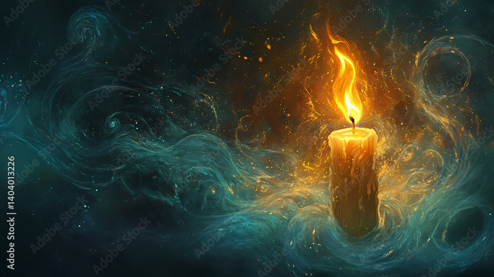 Fototapeta premium Manifest a delicate, golden candle flame flickers amidst a mystical aura, its gentle dance weaving intricate patterns that swirl with an otherworldly essence. Subconscious Weaving. Illustration