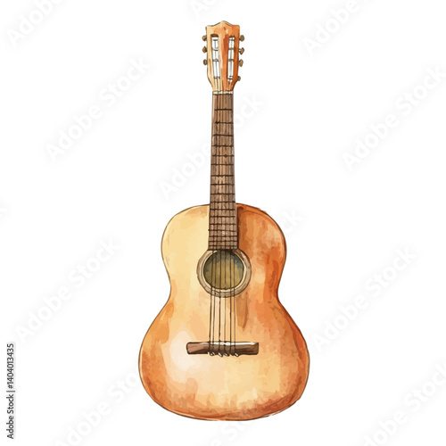 Classical Guitar With Wooden Body, watercolor vector, isolated on a white background.