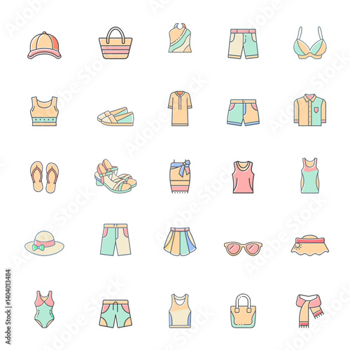 Flat vector icon set of summer clothing and accessories. Includes 25 minimalist icons. Perfect for UI design, mobile apps, fashion blogs, travel websites, e-commerce and summer promo materials.