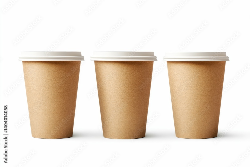 Three Brown Coffee Cups with White Lids Ready for Hot Beverages Three Brown Coffee Cups with White Lids Ready for Hot Beverages